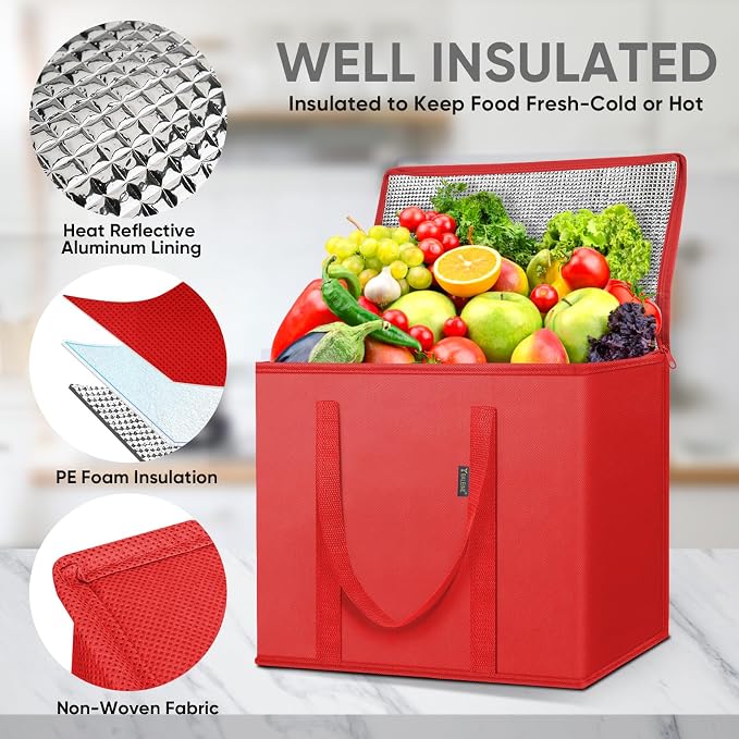 BALEINE 2Pk Insulated Reusable Grocery Bags, Collapsible Cooler Bag for Groceries, Heavy Duty Large Insulated Bag (16''x9''x13'', Bright Red) - Image 2