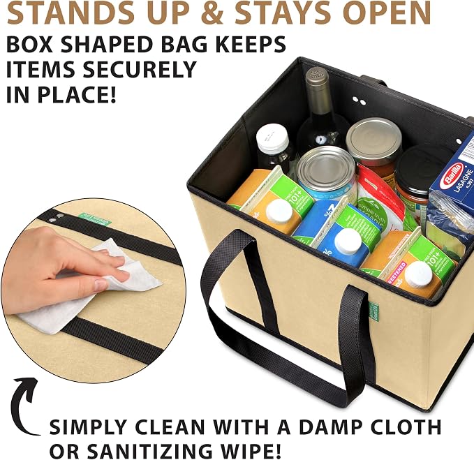 Reusable Grocery Bags (3 Pack) – Heavy Duty Reusable Shopping Bags for Groceries with Box Shape to Stand Up, Stay Open, Fold Flat – Large Tote-Bag is Foldable with Long Handles & Hard Bottom (Beige) - Image 3