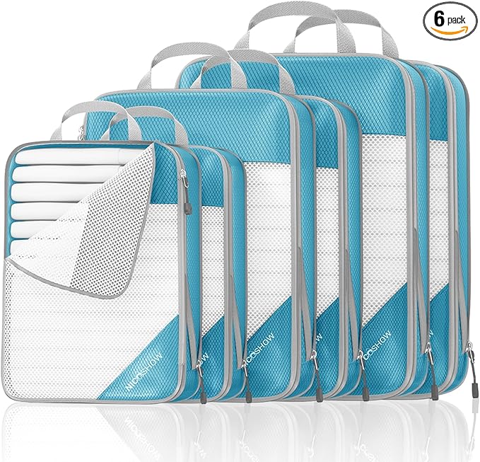 Compression Packing Cubes 6 Set, Compressible Space-Saving Packing Cubes for Travel - Compression Bags, Luggage Organizer, Travel Essentials for Women, Teal by NICOSHOW