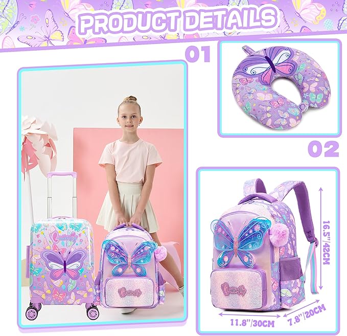 Kid's Luggage Set 5 Piece Suitcase Set 16" Hardside Luggage with Spinner Wheels Girls Carry on Toddler Travel Rolling Suitcase with Neck Pillow Airline Approved - Image 3
