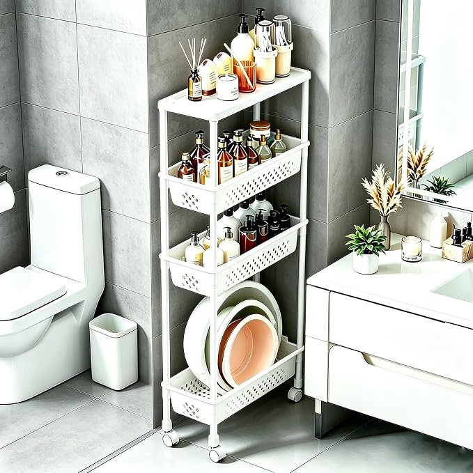 Slim 4 Tier Rolling Storage Cart Narrow Bathroom Organizer on Wheels White | 6.7" wide for tight bathroom/kitchen gaps, extra-tall tier, 360° casters, quick-dry shelves, tool-free storage rack by Unknown