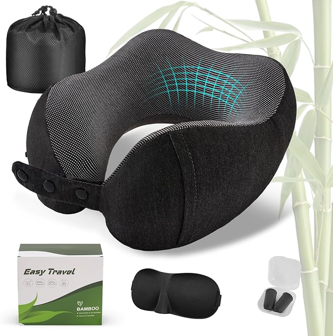 Cirorld Neck Pillow for Traveling, Travel Pillows for Airplanes,100% Pure Memory Foam Travel Neck Pillow, Adjustable Flight Pillow, Portable Plane Accessories with Eye Mask, Earplugs, Carry Bag by CIRORLD