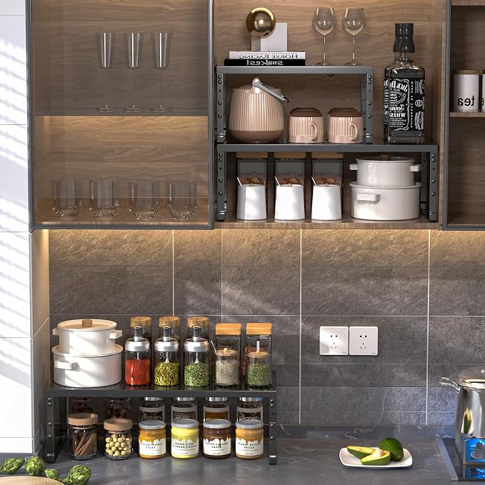 Cabinet Shelf Organizer, Spice Rack,Stackable, Expandable, Rust Resistant, Convenient Kitchen Storage, Metal Shelf for Kitchen, Countertop, Restroom(3Packs/Black,Medium) - Image 8