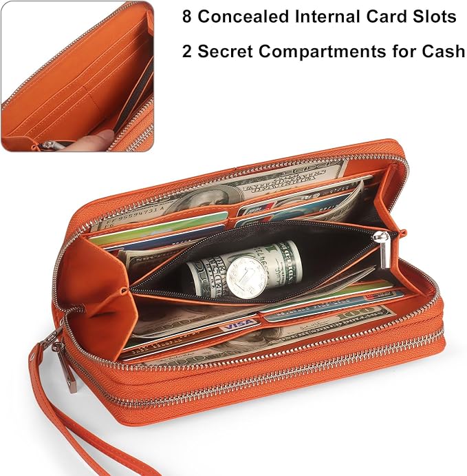 RFID Blocking Cellphone Wallet for Women Dual Zipper Wristlet Large Capacity 17 Card Slots Ladies Travel Clutch Purse with Removable Strap, Orange - Image 5