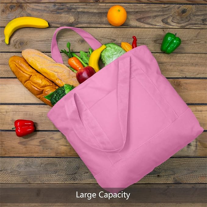 TOPDesign 1-Pack Canvas Tote Bag with an External Pocket, Reusable Grocery Shopping Bag, Top Zipper Closure, Daily Essentials (Pink) - Image 3