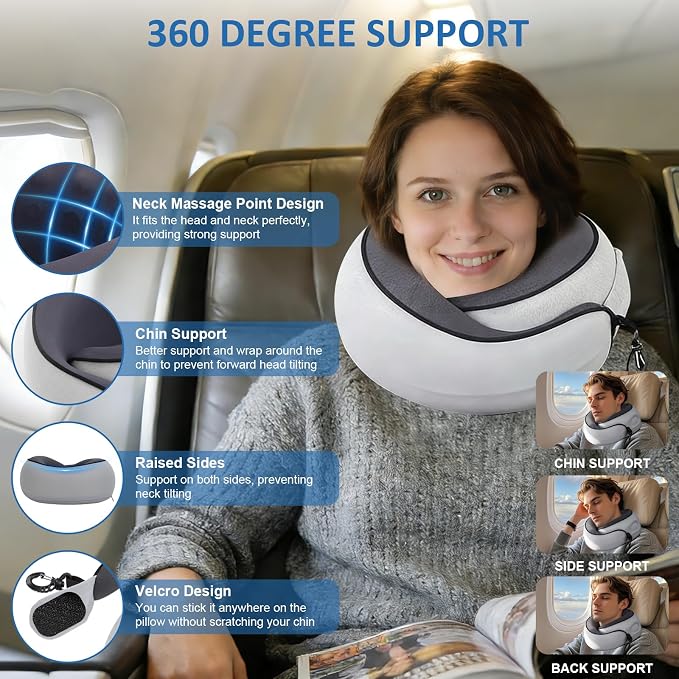 360° Full Support Compact Neck Airplane Pillow for Car, Office | Neck Pain Travel Pillow for Rest; Long Flight Kit with Contoured 3D Eye Mask, Earplugs & Portable Storage Box - Image 2