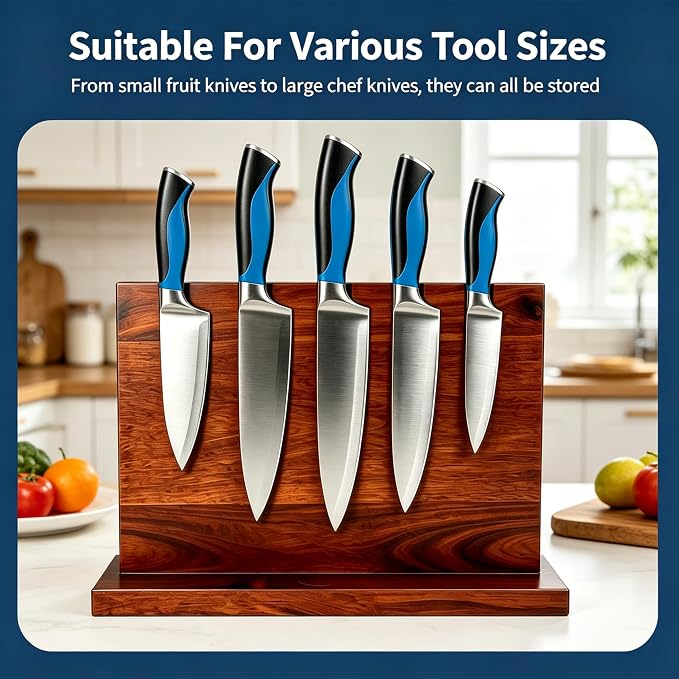 Magnetic Knife Blockr- Acacia Wood Strong Magnetic Knife Holder, Secure Knife Storage Organizer | Chef Tools & Space Saving for Kitchen Knives (brown) - Image 2