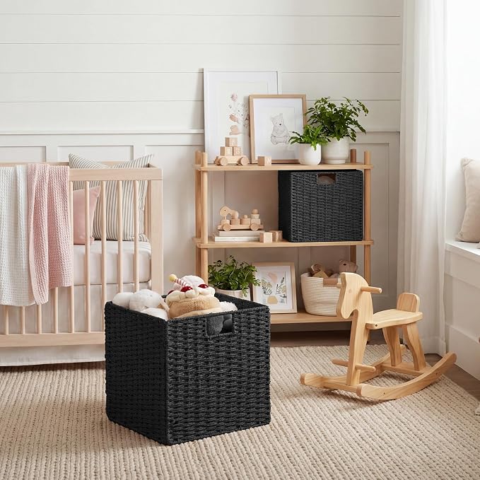 StorageWorks 13 inch Black Wicker Baskets for Storage,Foldable Black Basket | 2-Pack, Handwoven Wicker Storage Baskets for Organizing, Square Storage Cubes, Black Storage Bins, Paper Rope Square Baskets - Image 6