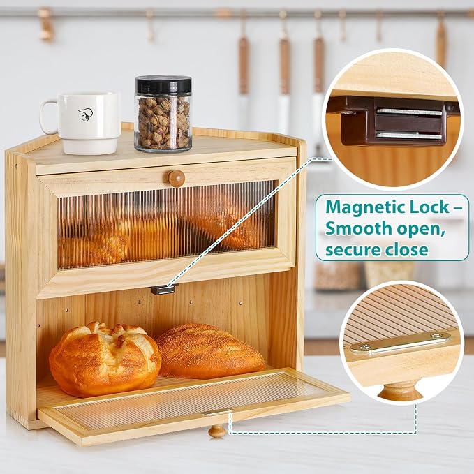 Sunhoo Bread Box for Kitchen Countertop Corner Large Wooden Bread Bin 2 Tier Rustic Food Storage Container with Acrylic Window Farmhouse Keeper Shelf Organizer for Loaves Pastries & Snacks (Yellow) - Image 8
