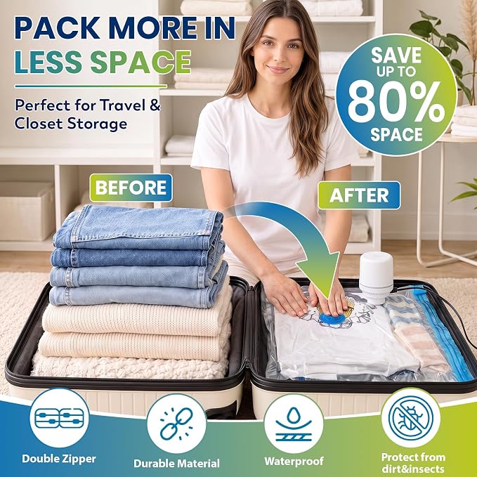 FUNFERY 20 Pack Vacuum Seal Bags for Clothing Travel,Vacuum Storage Bags with Pump,Compressing Packing Bag for Clothes,Blankets,Comforters,Home Storage,Space Saving Bag for Moving Supplies-Combo Set - Image 3