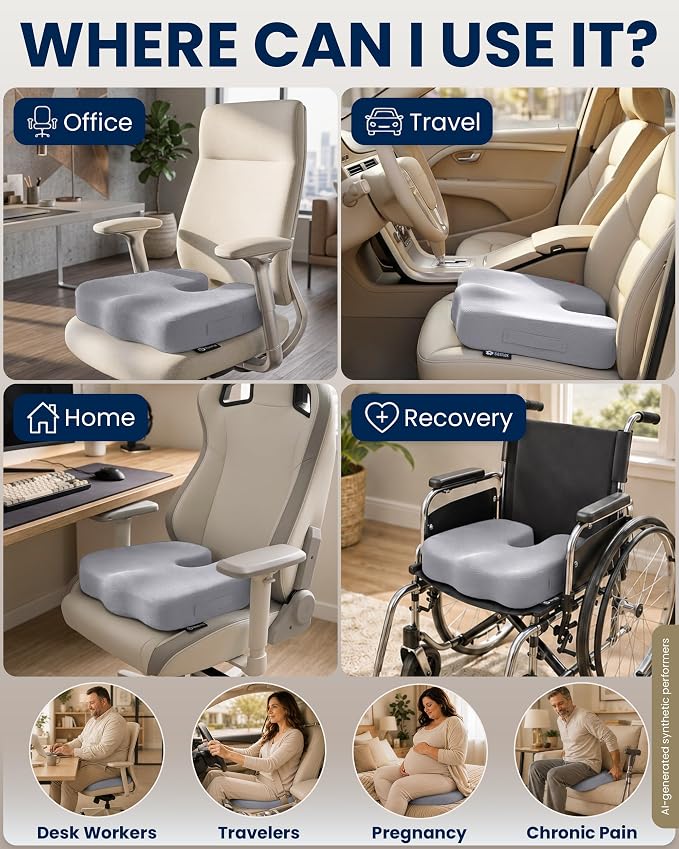 5 STARS UNITED Seat Cushion - Memory Foam Chair Cushion for Tailbone Pain Relief - Ergonomic Support for Coccyx, Sciatica & Butt - Office, Desk & Gaming Chair, Car Seat, Wheelchair, Airplane, L Gray - Image 3