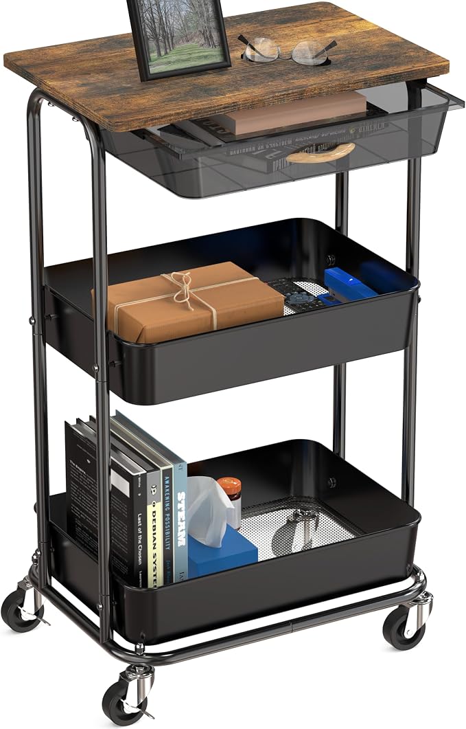 Simple Houseware 3-Tier Utility Cart with Drawer & Wood Top, Rustic Brown | Mobile Sofa Side Table, Nightstand, Slim Storage Organizer Trolley for Bedroom, Bathroom, Office & Art Supplies - Image 8