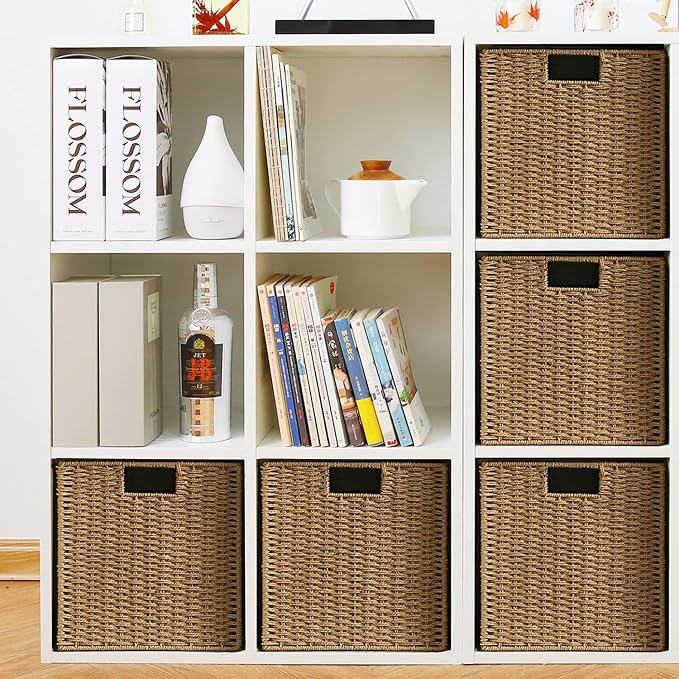 Wicker Storage Basket, Set of 2 Hand-Woven Storage Baskets for Shelves with Handles Foldable Cube Storage Baskets Bins, 9 inch Wicker Baskets for Pantry Bedroom Organizer &Decor, Natural - Image 7