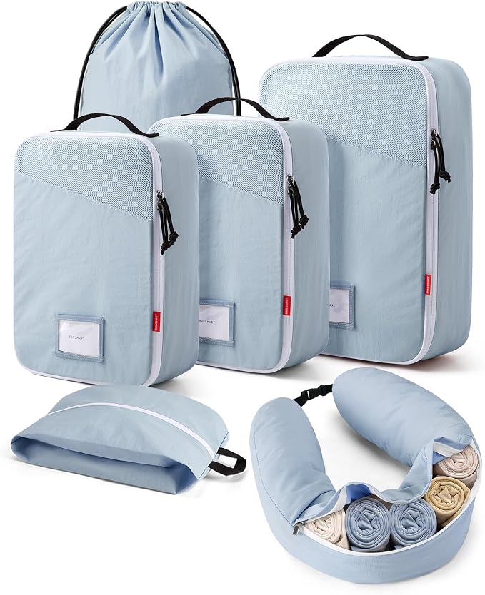 BAGSMART Compression Packing Cubes with Fillable Neck Pillow for Clothes | 1 Wearable Neck Pillow & 5 Travel Bags to Avoid Baggage Fees, Durable, Tear Resistant Washable Taslan Fabric with Card Slots by BAGSMART