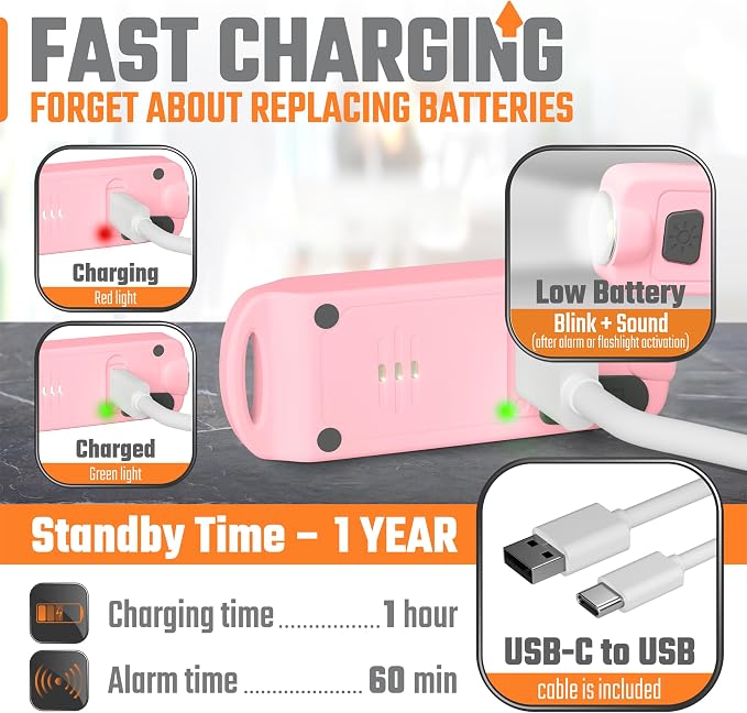 Rechargeable Waterproof Personal Safety Alarm Keychain,130dB Siren, Pink | Panic button, Rechargeable, LED Light, Low Battery Notice, Compact, Self Defense Keychain Siren for Women to Carry - Image 3