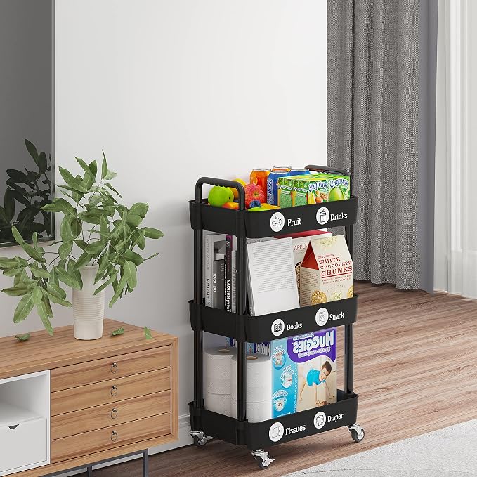 Laiensia 3-Tier Storage Carts,Multifunction Utility Rolling Cart Kitchen Storage Organizer,Mobile Shelving Unit Cart with Lockable Wheels for Bathroom,Laundry,Living Room,With Classified Sticker,Black - Image 5