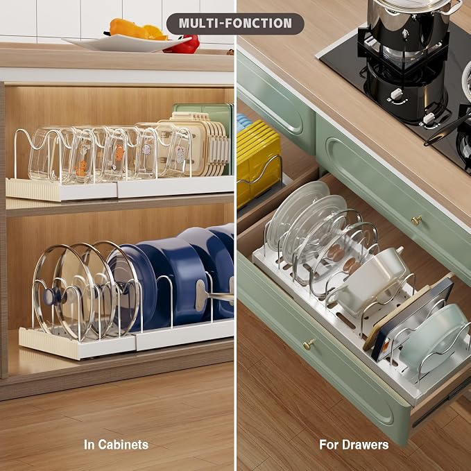 Magheo Expandable Food Storage Container Lid Organizers, 22" Pots and Pans Organizer Under Cabinet with 9 Adjustable Dividers Pot and Pan Lid Holders Rack Inside Cabinet(White,1 Pack) - Image 4