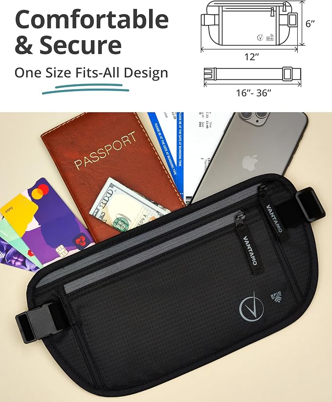 VVantamo Money Belt with RFID For Men & Women, Hidden Passport Holder for Travel, 2 Compartment Travel Fanny Pack for Women Anti Theft - Image 4