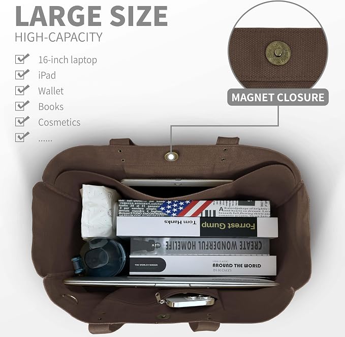 HOMESPON Large Canvas Tote Bag, Magnetic Work Laptop Pack for Women | Everything Bag, Multi Pockets, Internal Laptop Sleeve - Image 4