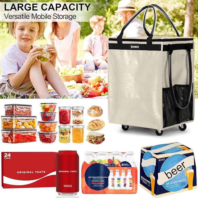 (Medium,Beige) Reusable Grocery Bag on Wheels, Foldable Rolling Tote, Carries Up to 66 lbs Shopping Trolley, Zipper Clouser Shopping Carts for Trips, Laundry, 4 Heavy Duty Wheels and 3 Handles - Image 5