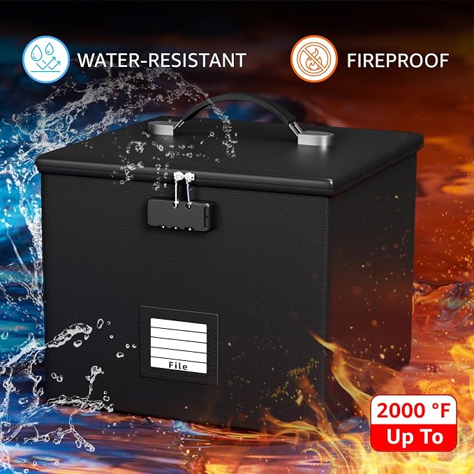Fire Proof File Box for Documents - Portable Fireproof Document Organizer Box with Handle Waterproof Safe Locking Folder Storage with Lid - Image 2