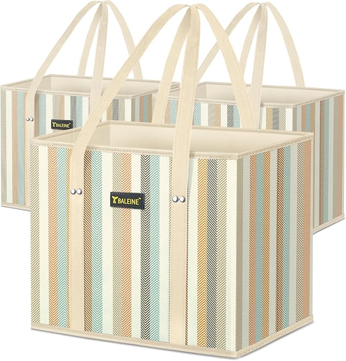 BALEINE 3PK Reusable Grocery Bags, Heavy Duty Shopping Tote Bag | 12'' Long Handles, Reinforced Bottom Keeps Upright, Fold Flat Storage, Water-Resistant Shopping Bag, Multiple Color Options by BALEINE