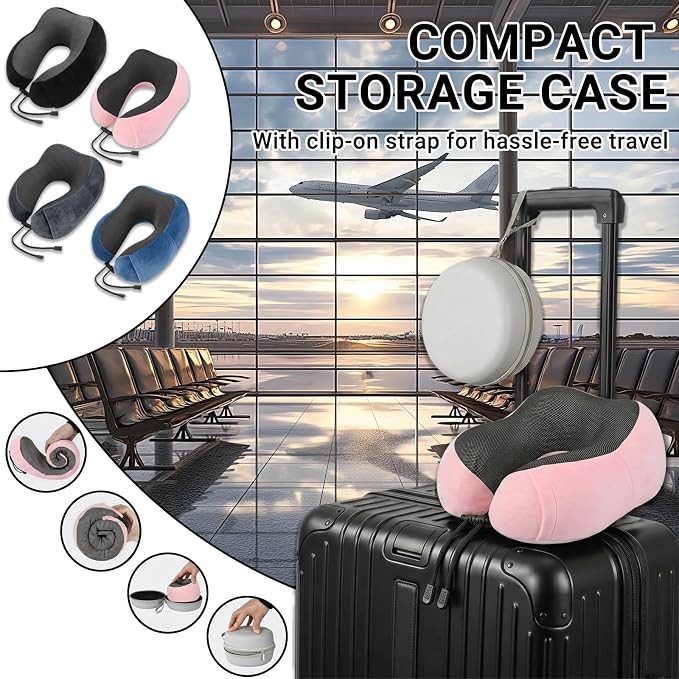 Travel Neck Pillow, 100% Memory Foam, U-Shaped with Storage Box, Pink | 100% memory foam with 360-degree support & adjustable buckle. Compact storage box. Machine washable cover. Fits all necks. - Image 7