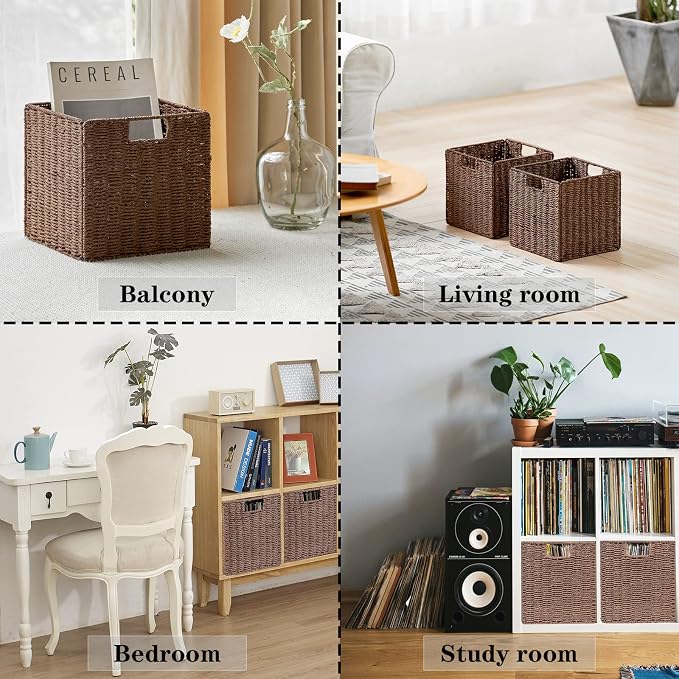Wicker Storage Basket, Set of 2 Hand-Woven Storage Baskets for Shelves with Handles, Foldable Cube Storage Baskets Bins Organizer, 13 inch Large Wicker Baskets for Pantry Bedroom Decor, Brown - Image 4