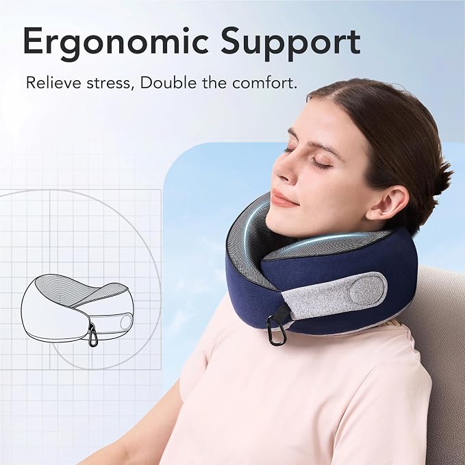 Travel Neck Pillow Airplane Neck Support Ergonomic Design for Traveling | 100% Pure Memory Foam Suitable for Airplanes,Offices and Cars, Navy Blue, Standard, C-Shape - Image 3
