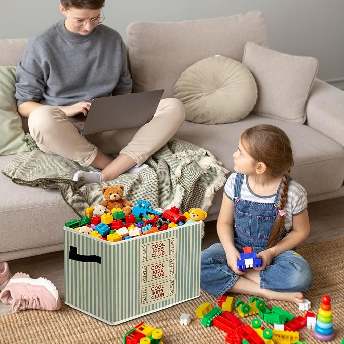 Rustic Cool Club Ticket Storage Bins Boxes with Handles | toys books clothes, blue striped nursery foldable basket for organizing bedroom toddler room playroom - Image 4