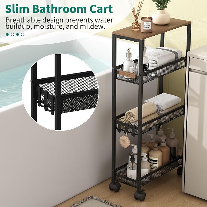 4-Tier Slim Utility Rolling Laundry Cart with Wheels, Easy to Assemble | 7.2" Wide for Narrow Spaces, Wood Top with Metal Frame, Mobile Storage Shelves for Bathroom, Kitchen, Office - Image 2