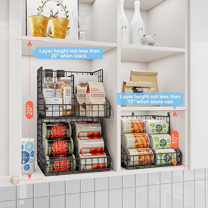 Stackable Can Organizer for Pantry with 2 Adjustable Dividers, Soda Can Organizer, Can Storage Dispenser Holds up to 28 Cans, 2 tier Metal Wire Baskets Can Holder for Kitchen Cabinet Pantry, Black - Image 2