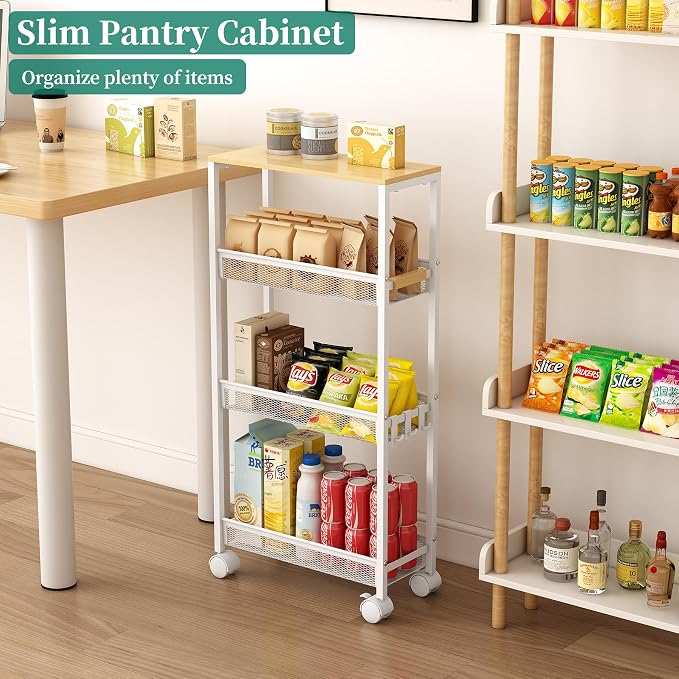 4-Tier Slim Utility Rolling Laundry Cart with Wheels, Easy to Assemble | 7.2" Wide for Narrow Spaces, Wood Top with Metal Frame, Mobile Storage Shelves for Bathroom, Kitchen, Office - Image 9