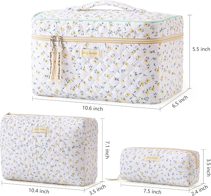 HBselect Quilted Makeup Bag, 3Pcs Cotton Large Travel Makeup Bags Organizer | Cute Floral Make up Bag Cosmetic Bag Toiletry Bag for Women Girls, Makeup Pouch for Skincare, Brushes & Travel Essentials - Image 6