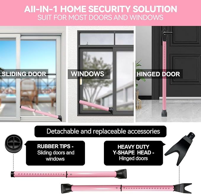 AceMining 1 Pack Door Security Bar, Patio Door Lock, 20-50 in, Pink | Sliding Glass Door Security Bar for Patio Door, Window Security and Door Stopper Protection - Image 2