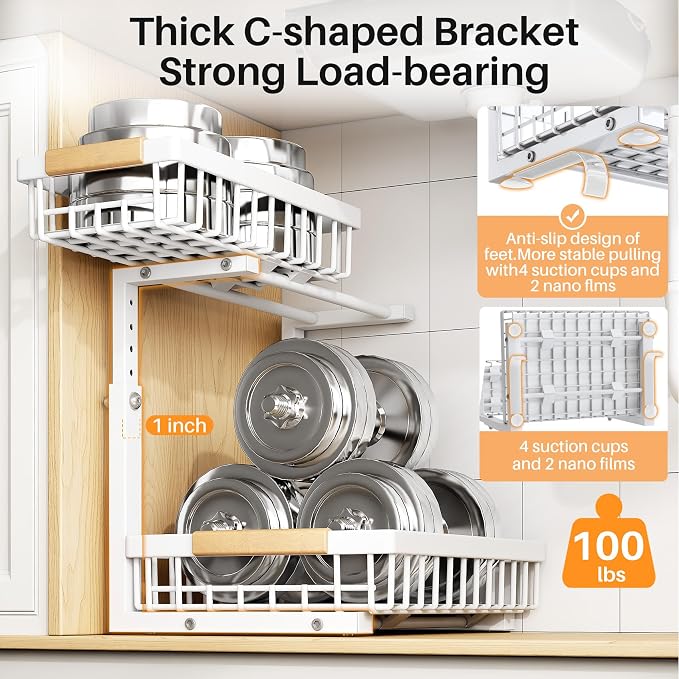 PXRACK Under Sink Organizer, Adjustable Height, 2 Tier Pull Out Under Cabinet Organizer, Slide Out Thickened Metal Under Sink Storage for Kitchen Bathroom Laundry Pantry Cabinet, White, Small-2-Pack - Image 6