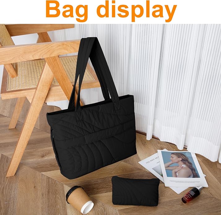 Quilted PufferTote Bag for Women with Wallet,0.741bs Lightweight Large Capacity Handbag for Travel,Work,Gym,Daily - Image 9