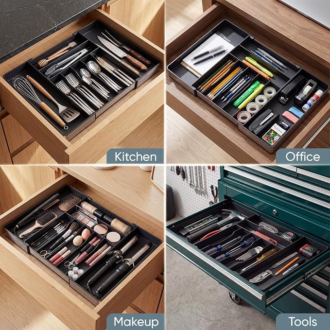 Silverware Drawer Organizer, 9 Slots Expandable Kitchen Drawer Organizer | Extra Large Utensil Holder & Cutlery Tray, Heavy Duty Stainless Steel Frame Flatware Organizer, Non-Slip Feet Included, Black - Image 5