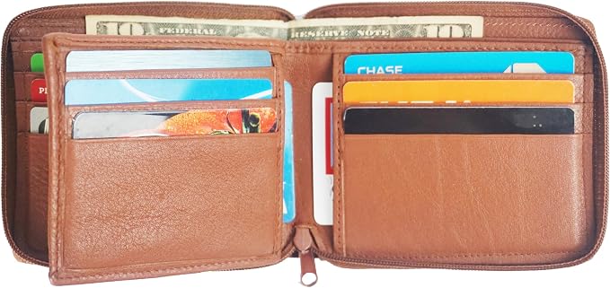 RFID Blocking Bifold Cowhide Leather Wallets For Men With Zipper Security | Safe Metal Zip Chain 9 Card-ID Slim Minimalist Mens Wallet (Tan) - Image 3