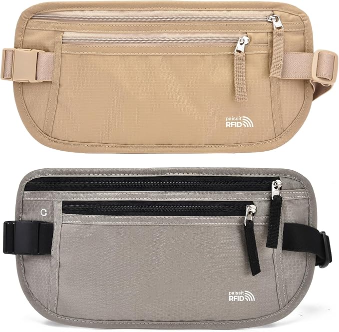 Unisex Money Belt For Men and Women, Slim Passport Holder RFID Blocking Travel Essentials Pouch with Adjustable Strap Small Waist Pouch for Workout Running Travelling Hiking, Beige & Light Grey by paissit