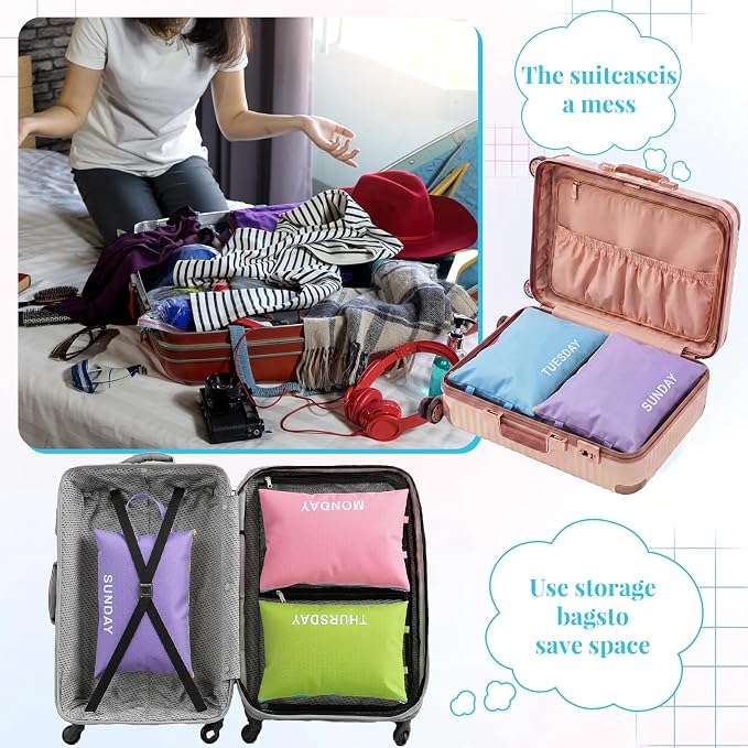 Colarr 8 Pack Days of Week Packing Cubes for Travel, Daily Outfit Clothing Organizer Bags with Drawstring Shoe Bag Storage Suitcase Luggage Packing Organizers for Summer Vacation Camp Essentials - Image 4
