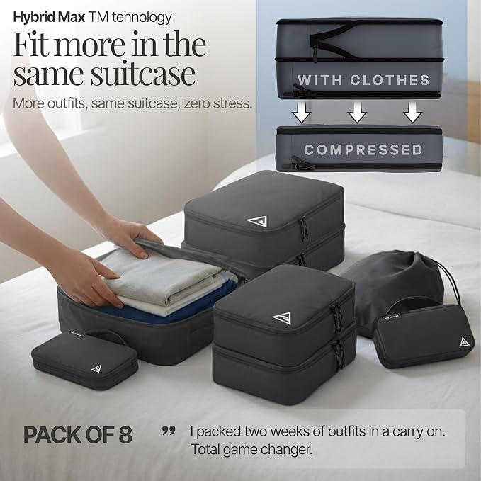 8 pcs Compression Packing Bags Cubes Set with HybridMax Double-Capacity Design - Packing Cubes for Travel Compression to Maximize Limited Luggage Space, Grey - Image 5