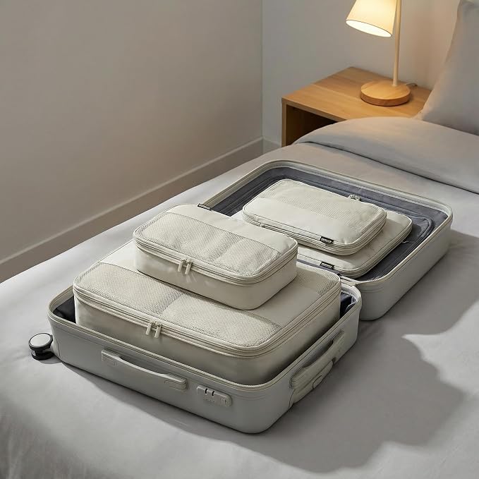 4 Piece Compression Packing Cubes for 3–7 Day Travel, Off White | Wrinkle-Resistant Memory Fabric, Breathable Mesh Panel, Double-Zipper, Small to Large Size Bag, Smart Organization - Image 7