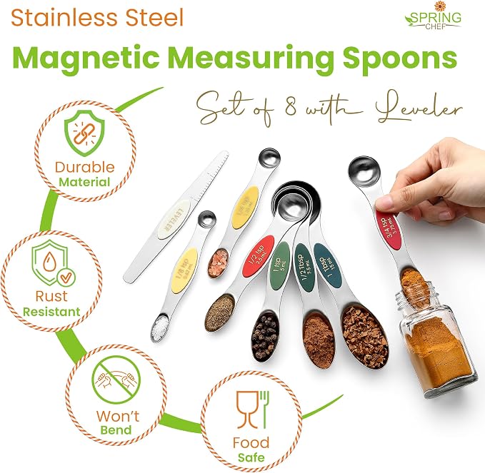 Spring Chef Stainless Steel Magnetic Measuring Spoons Set of 8, Very Merry | Dual Sided Metal Teaspoon & Tablespoon Measuring Spoons with Leveler for Dry & Liquid Ingredients, Fits in Kitchen Spice Jars - Image 2