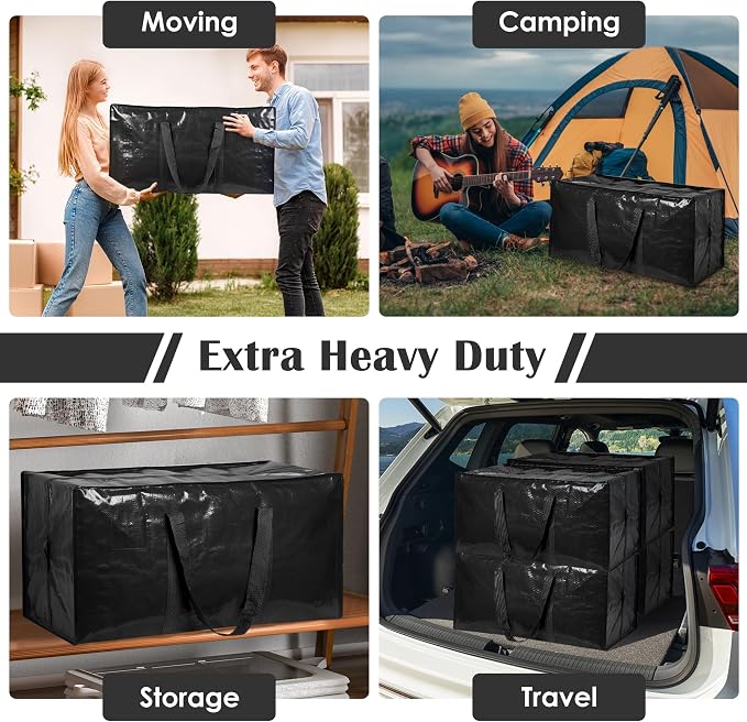 6 Pack Moving Bags with Full-Open Side Zipper, Extra Large 93L Heavy Duty Waterproof Foldable Storage Totes for College Dorm, Moving & Home Organization Black - Image 7
