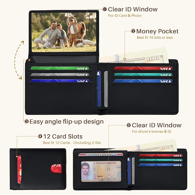 Tipmile Wallet for Men Slim RFID Blocking Credit Card Holder, Minimalist Men Wallets 12 Cards with 2 ID Windows & Cash Slot, Bifold Front Pocket Wallet Gifts for Men - Image 3