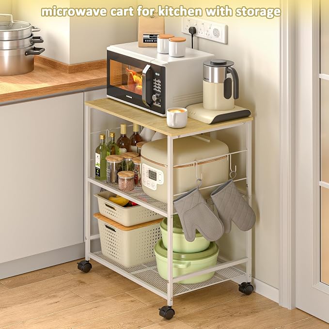 ThreeHio Rolling Kitchen Microwave Cart, 3 Tier Microwave Table Stand with Storage, Kitchen Utility Cart on Lockable Wheels, Small Coffee Station Shelf Rack Organizer for Living Room Office, Balcony - Image 7