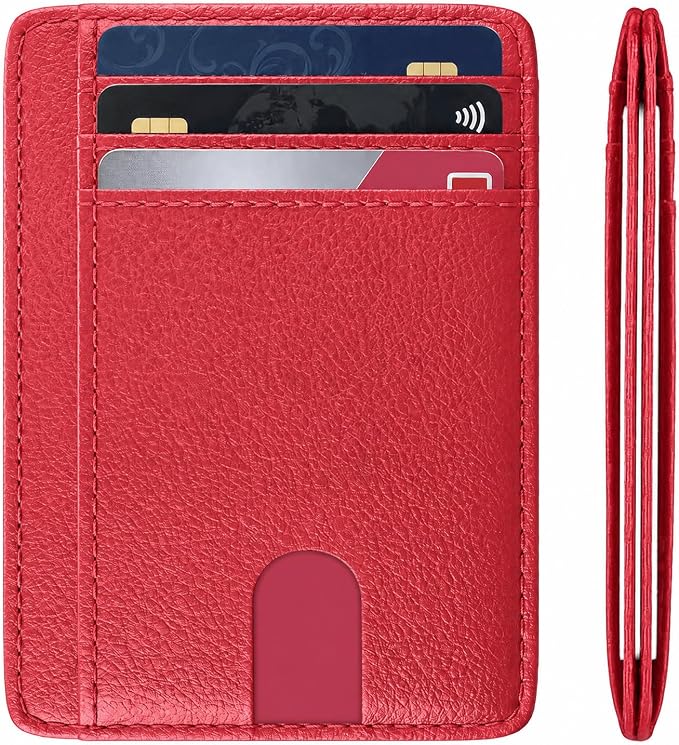 Slim Minimalist Front Pocket RFID Blocking Leather Credit Card Holder, Small Compact Wallet with ID Window for Men and Women (Red) - Image 8