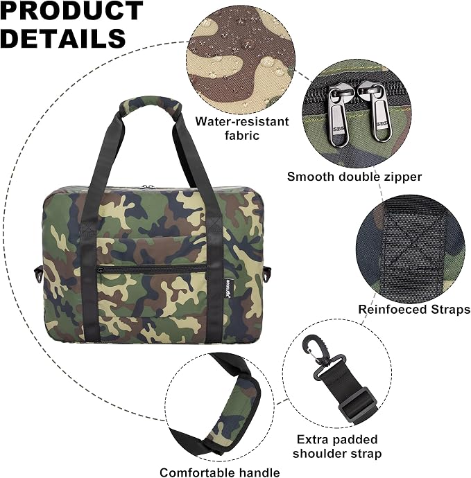 Duffle Bag for Travel Foldable Personal Item Travel Bag, 40L, Green Camo | Carry On Duffel Bag Women Men Frontier Airlines Personal Item Bag Hospital Weekend Overnight Trips - Image 3