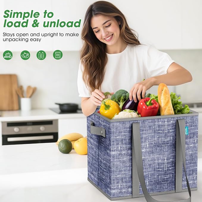 Fab totes Reusable Grocery Bags, Large Foldable Shopping Tote Bags with Reinforced Handles & Hard Bottom,4 Pack,Blue - Image 7